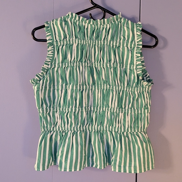 Loft Green And White Striped Cotton Peplum Top With Bow Ties And Ruffles - Picture 4 of 8
